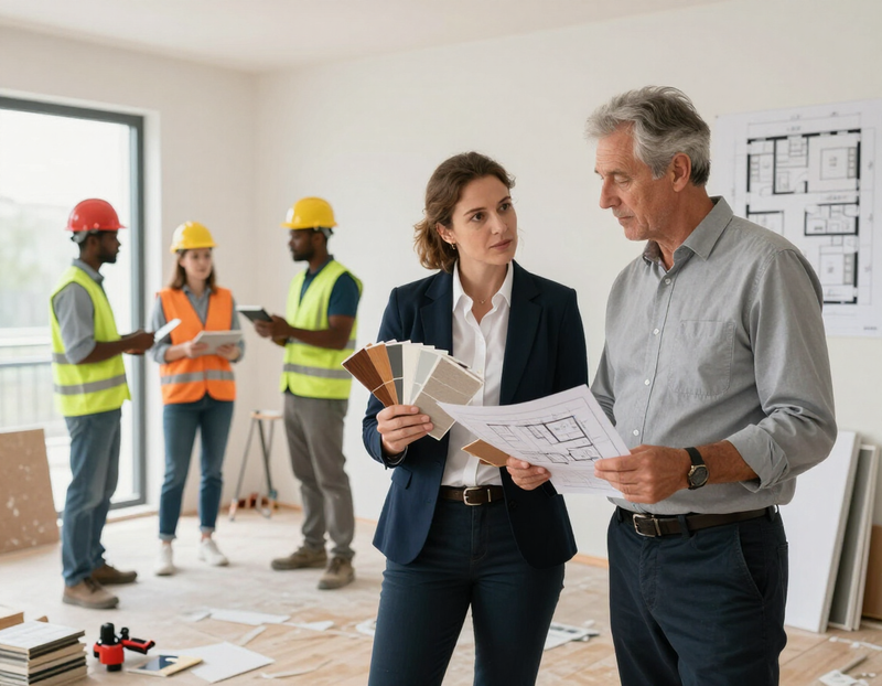 Equipe de construção discutindo planos em um canteiro de obras, com engenheiros revisando as plantas no interior.