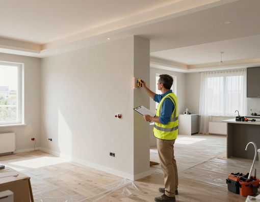 Operário da construção civil com colete amarelo inspecionando uma sala de estar reformada com paredes nuas e pisos inacabados.