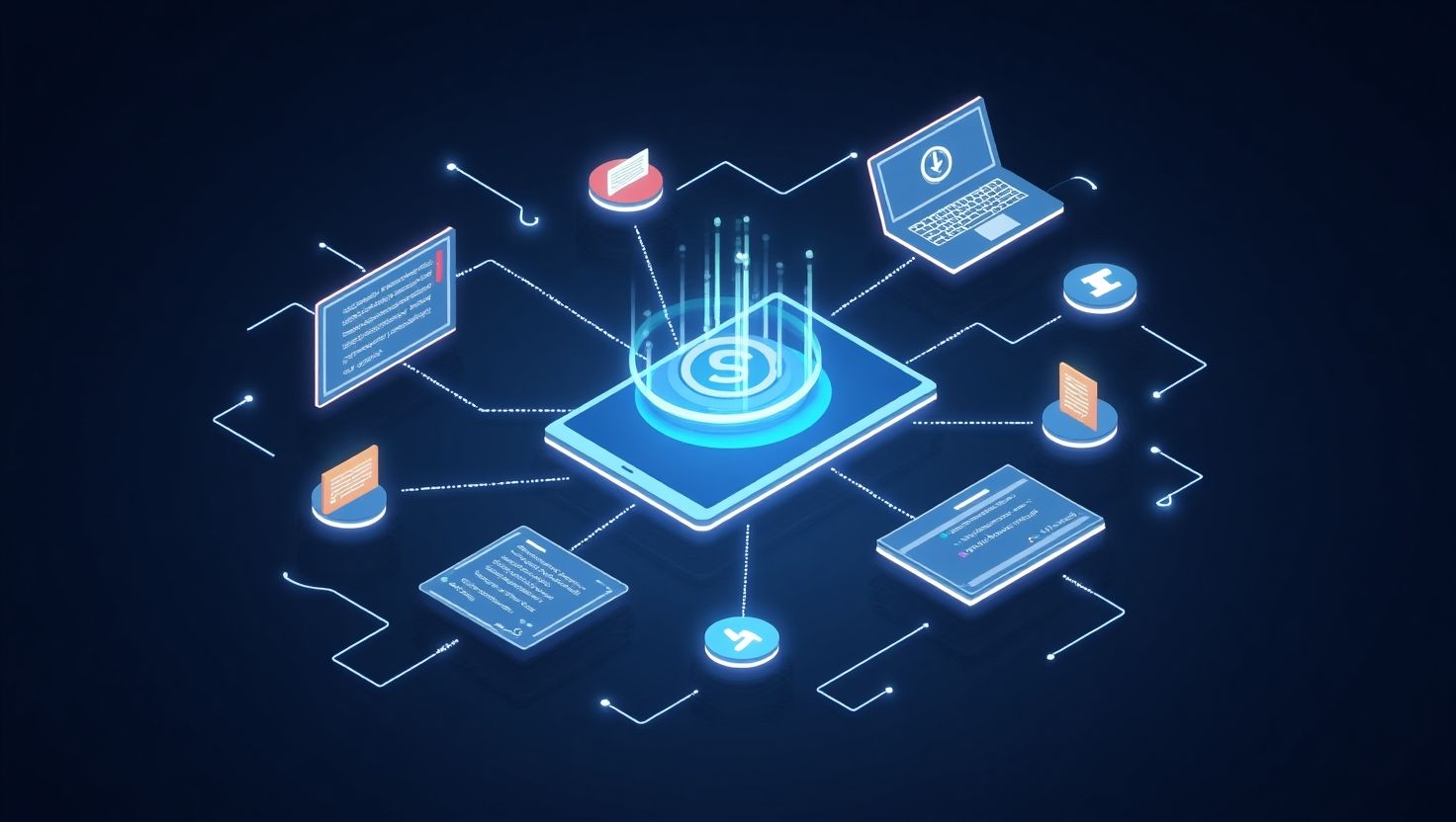 Visual representation of developing a consistent brand voice and tone across digital platforms. Digital illustration of brand voice strategy showing connected devices, content elements, and communication channels representing consistent messaging.