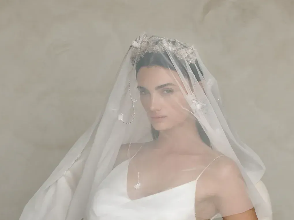 A woman in a white dress and veil with a crown on her head.