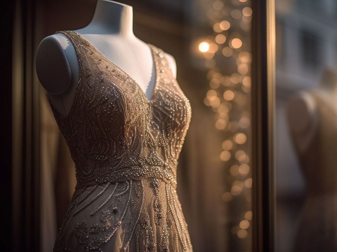 A mannequin is wearing a dress in a store window.