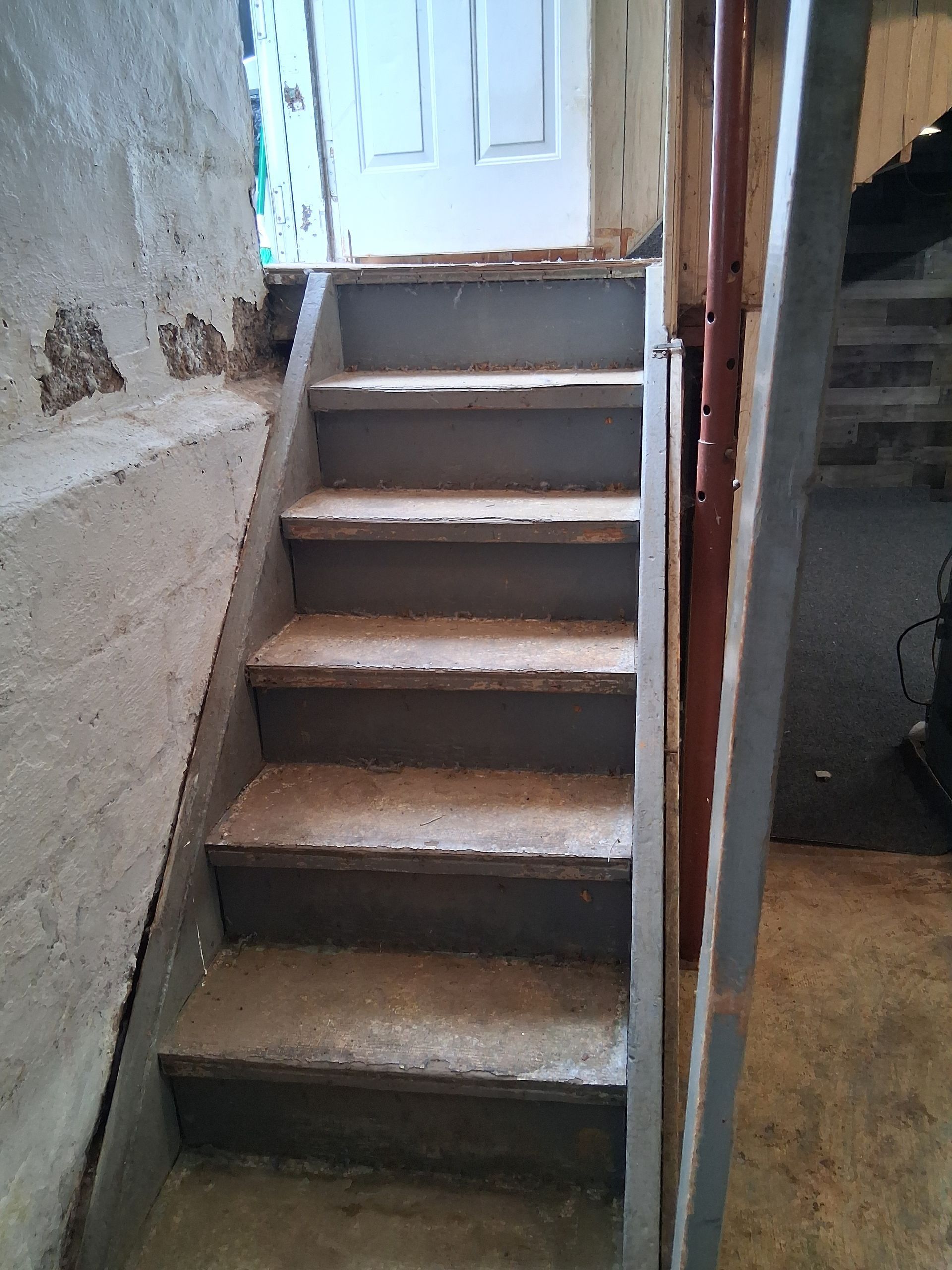 Concrete basement stairs leading up to a white door.