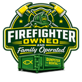 Firefighter-owned family-operated dumpster rental logo in green, yellow, and white, with a dumpster illustration