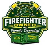 Firefighter-owned family-operated dumpster rental logo in green, yellow, and white, with a dumpster illustration