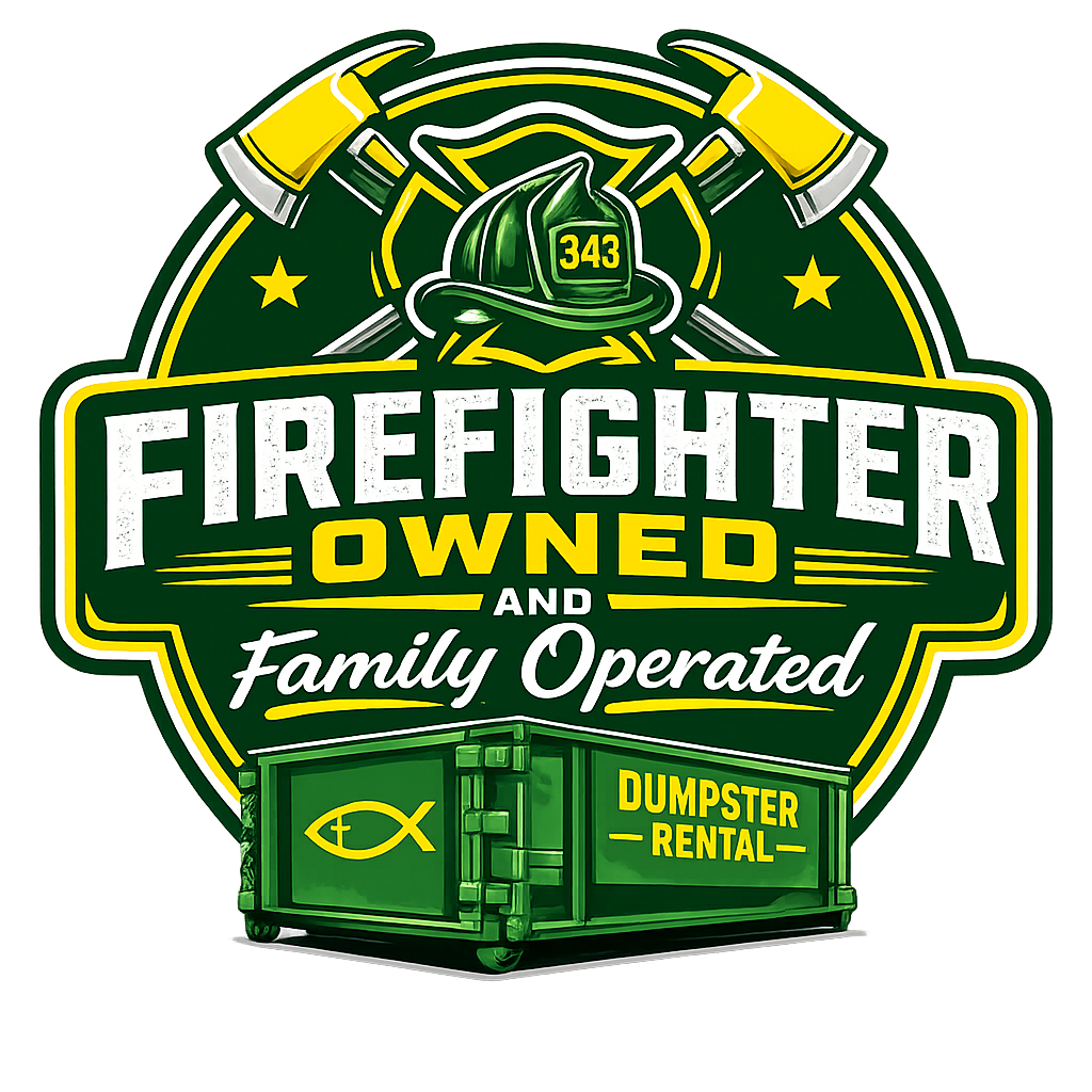 Firefighter-owned family-operated dumpster rental logo in green, yellow, and white, with a dumpster illustration