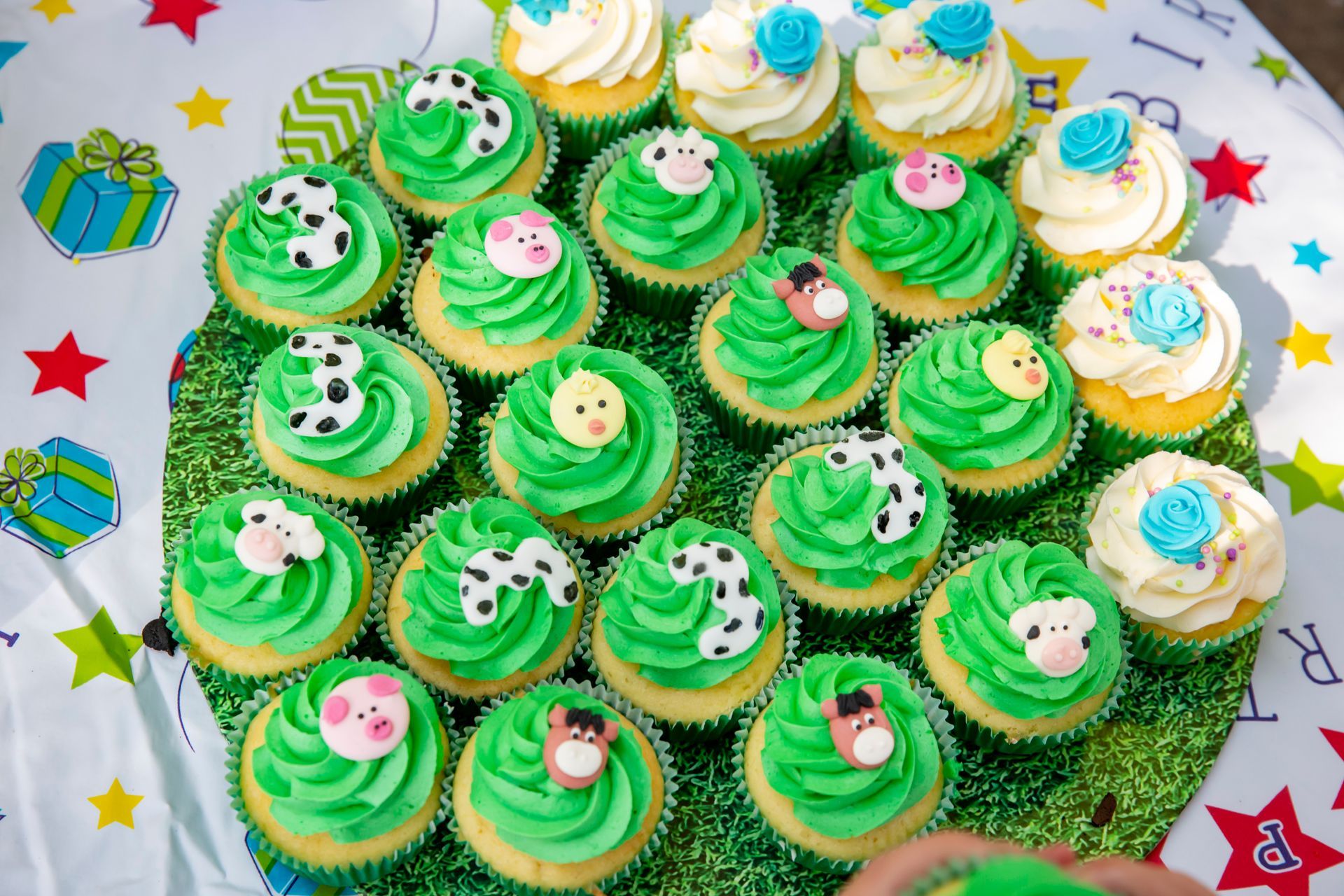 Cupcakes on a green platter, frosted green, with animal toppers, surrounded by gift-wrapped boxes and star decorations.