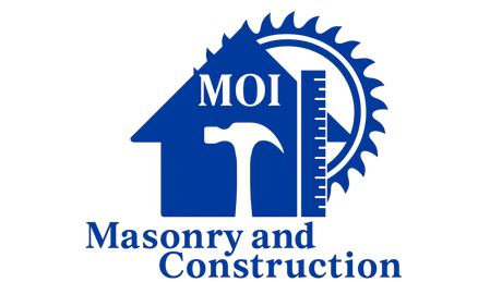 Blue logo for MOI Masonry and Construction: house, hammer, ruler, and saw blade.