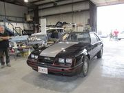 Black Ford Mustang with silver hood stripe parked inside a garage, man standing nearby.