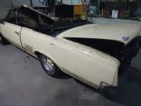 Cream-colored classic convertible car in a garage with the hood open, revealing engine bay.