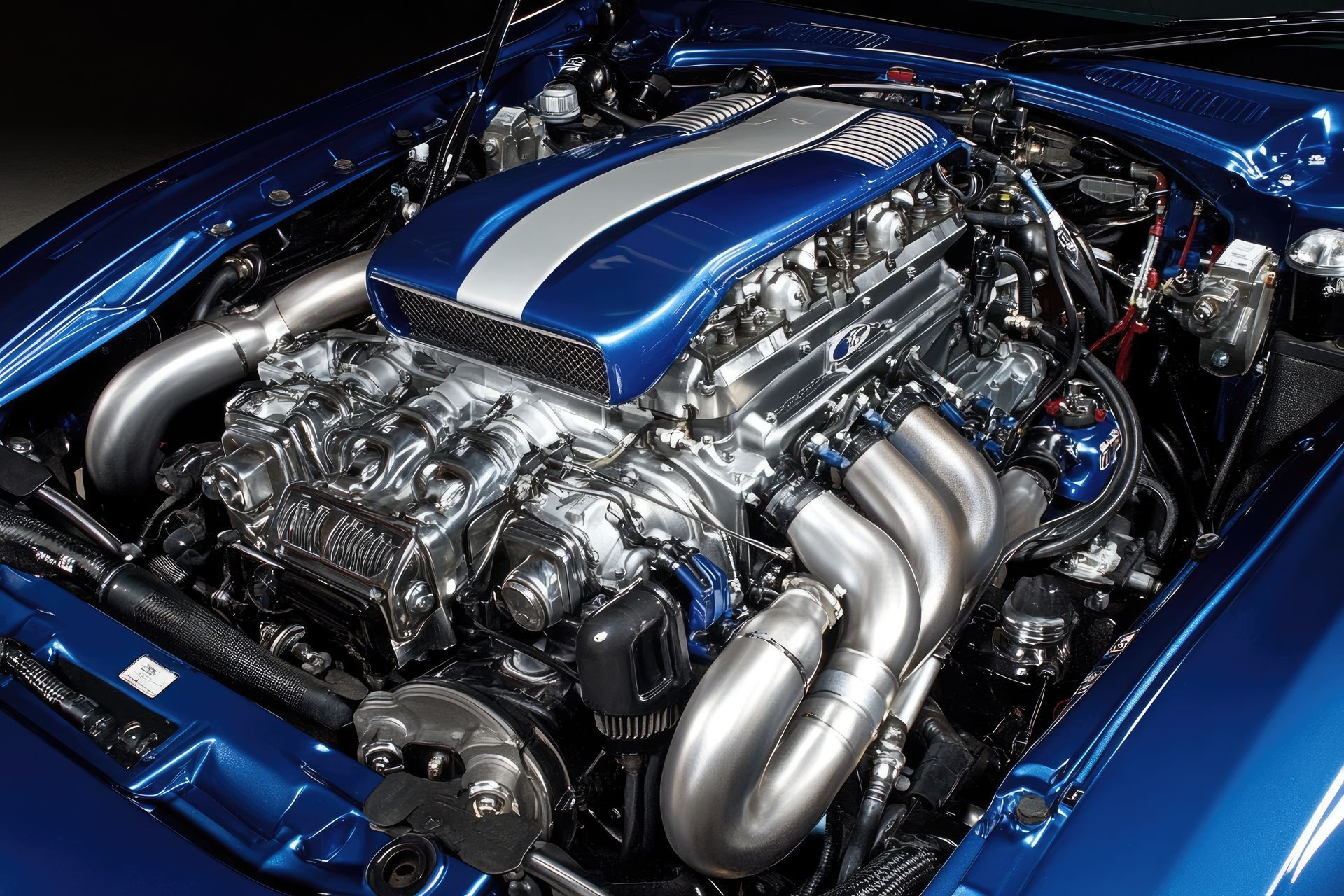 A close up of a blue car engine with the hood open