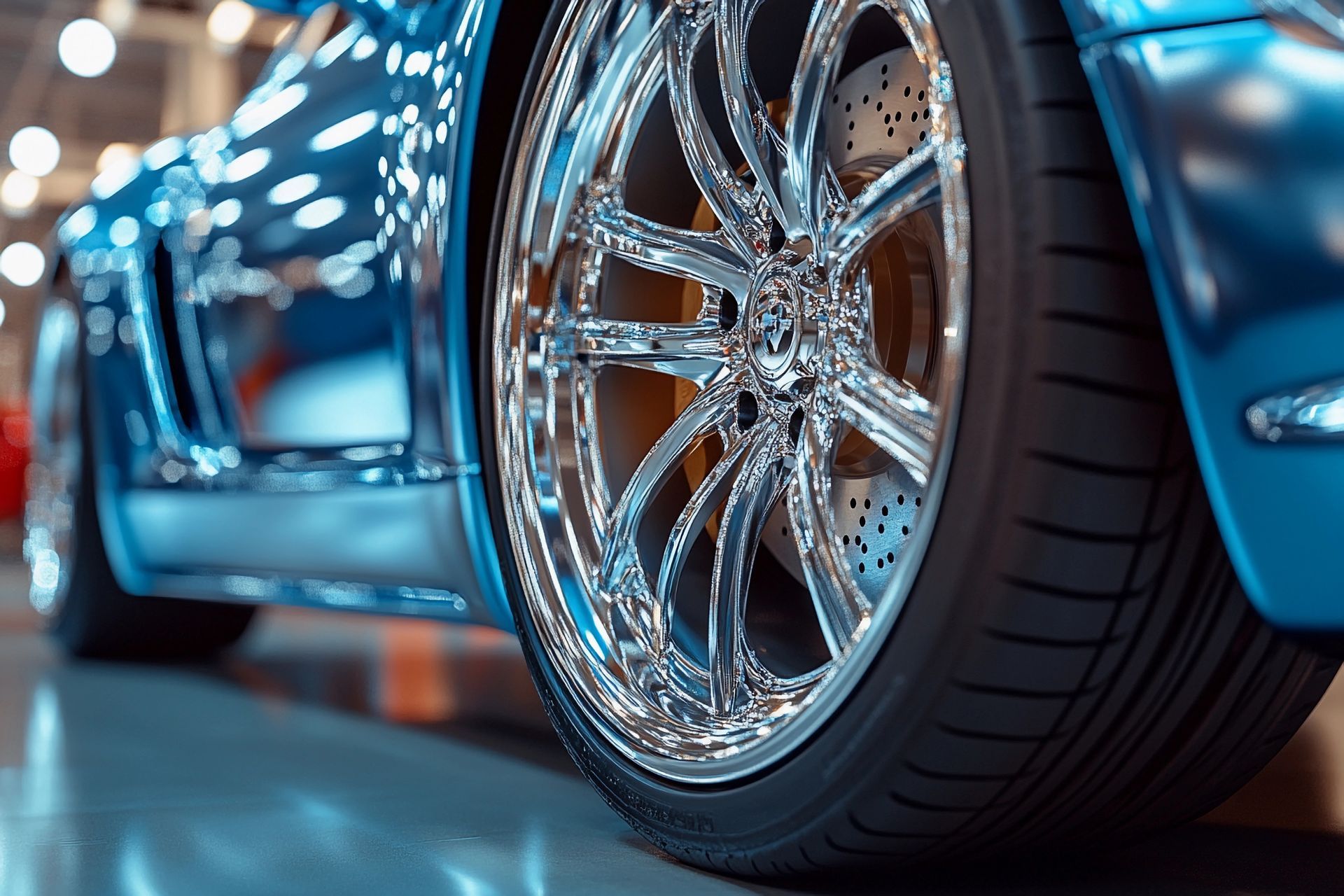A close up of a blue sports car with chrome wheels and tires.