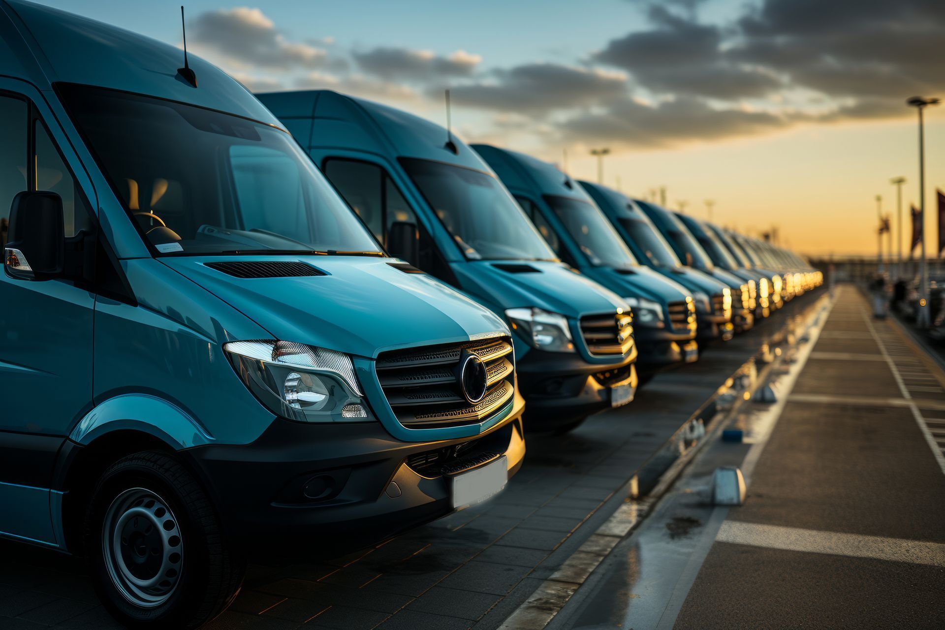 A row of blue vans are parked in a parking lot.