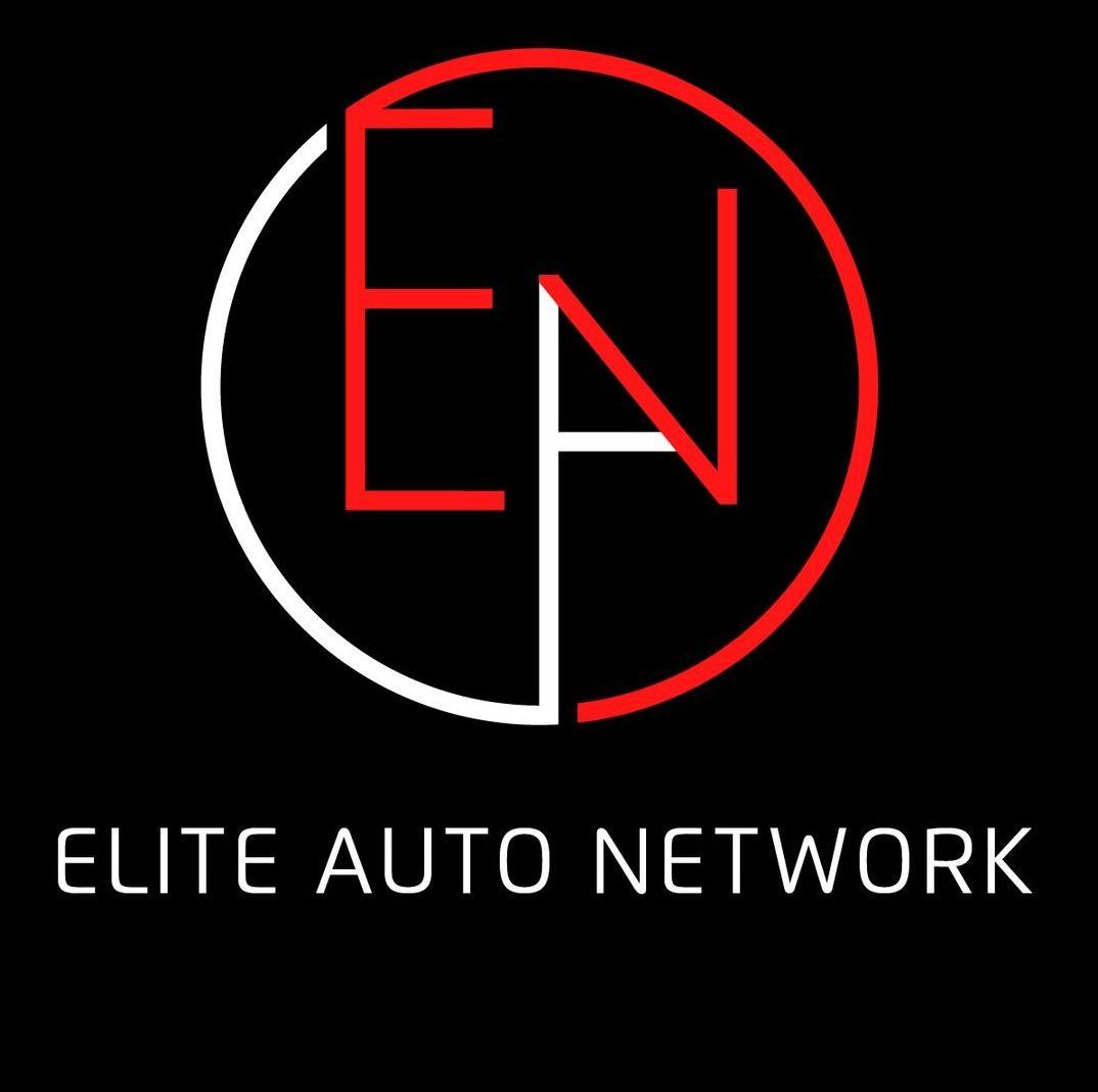 A logo for elite auto network is shown on a black background