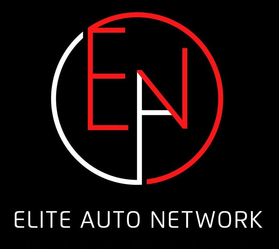 A logo for elite auto network is shown on a black background