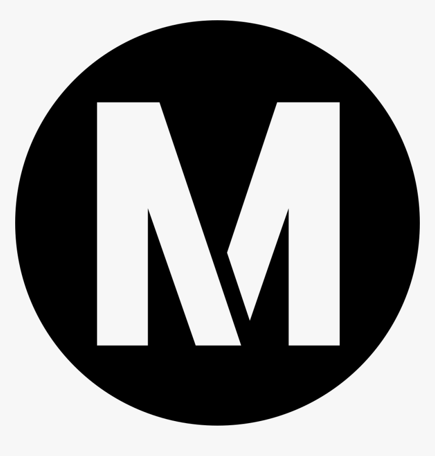 The letter m is in a black circle on a white background.