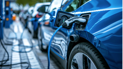 A row of electric cars are being charged at a charging station.
