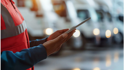 A person is using a tablet in front of a row of trucks.