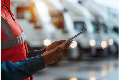 A person is using a tablet in front of a row of trucks.