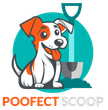 The logo for poofect scoop shows a dog sitting next to a shovel.