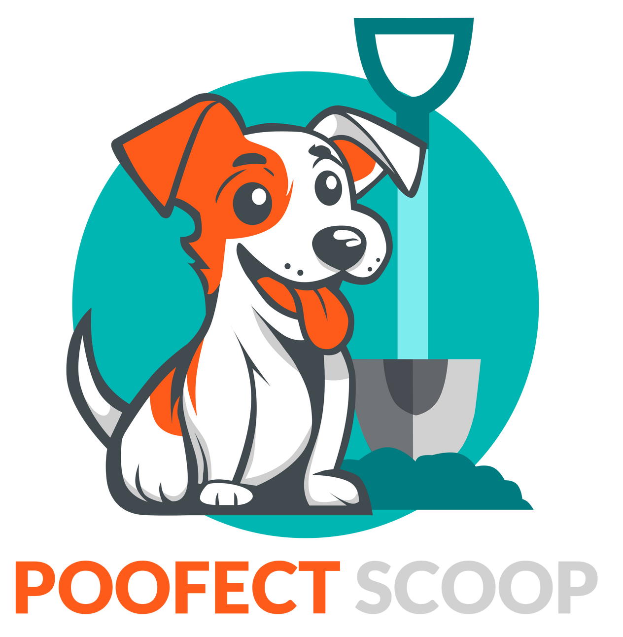 The logo for poofect scoop shows a dog sitting next to a shovel.