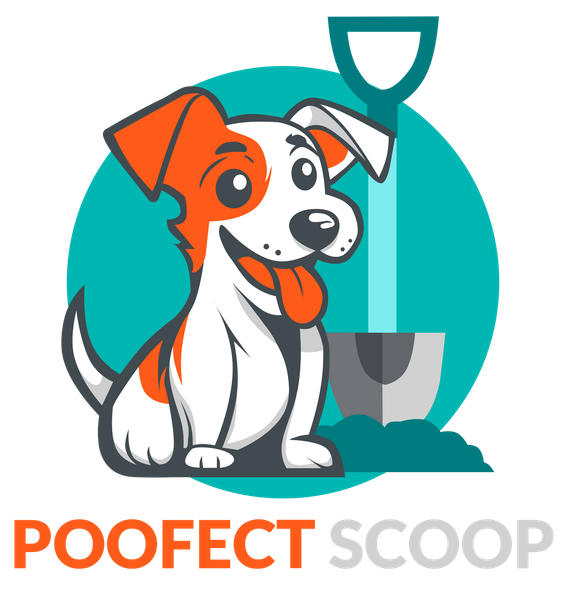 The logo for poofect scoop shows a dog sitting next to a shovel.