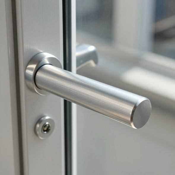 Tirador plateado en una puerta de cristal, primer plano.