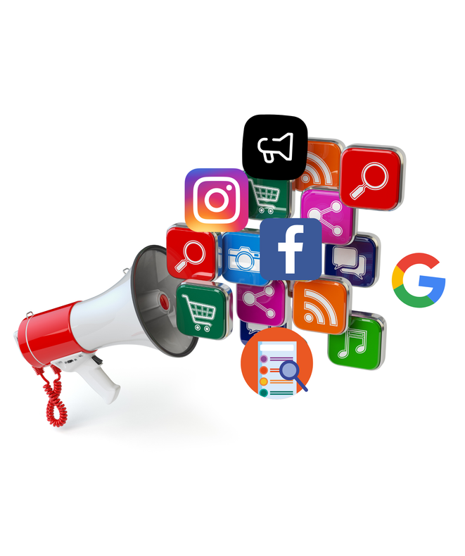 en megafon er omgivet af sociale medieikoner, herunder facebook instagram og google
