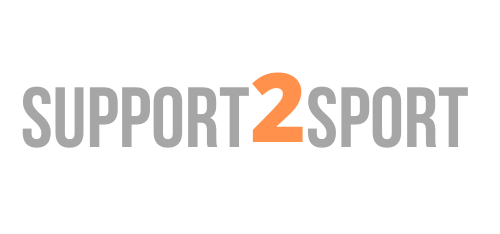 logoet for support 2 sport er gråt og orange på en hvid baggrund.