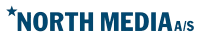 et blåt logo til north media as på en hvid baggrund