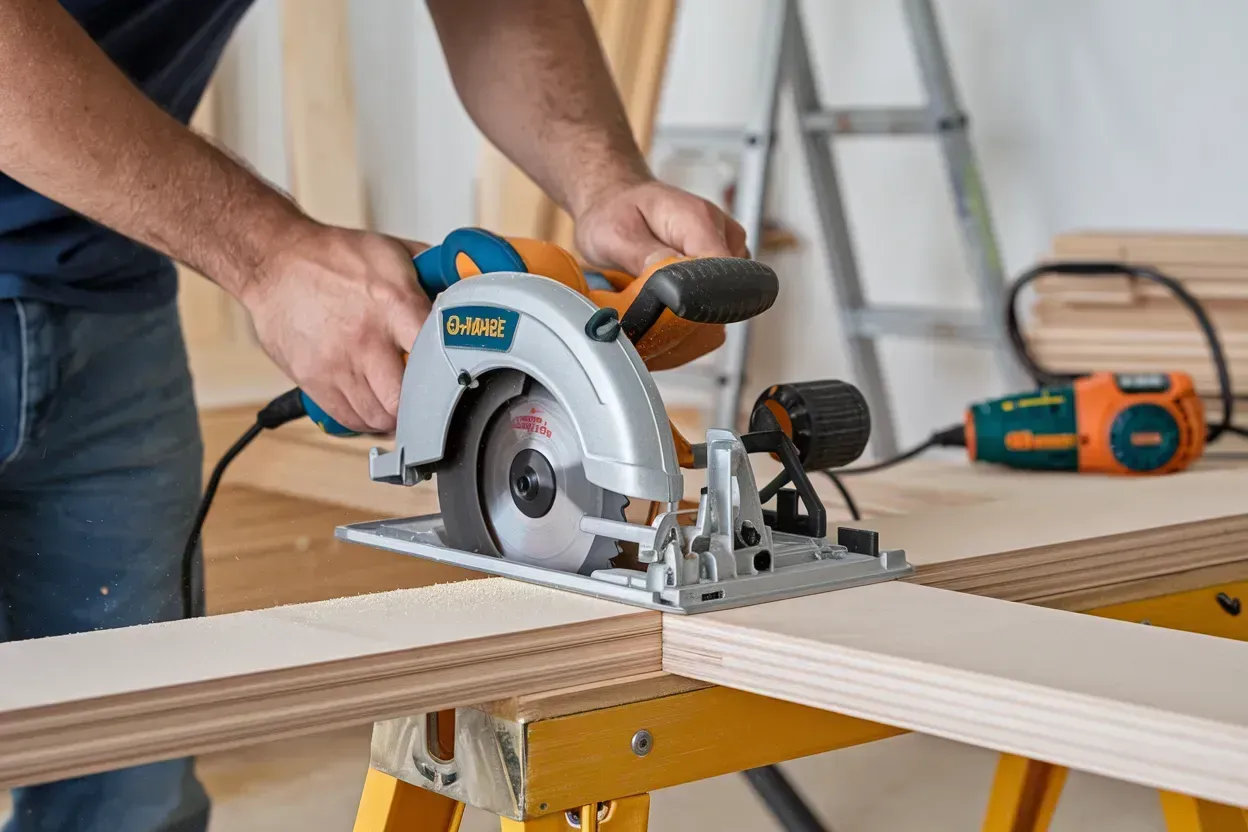 Hands cutting wood with a circular saw on a workbench in a workshop