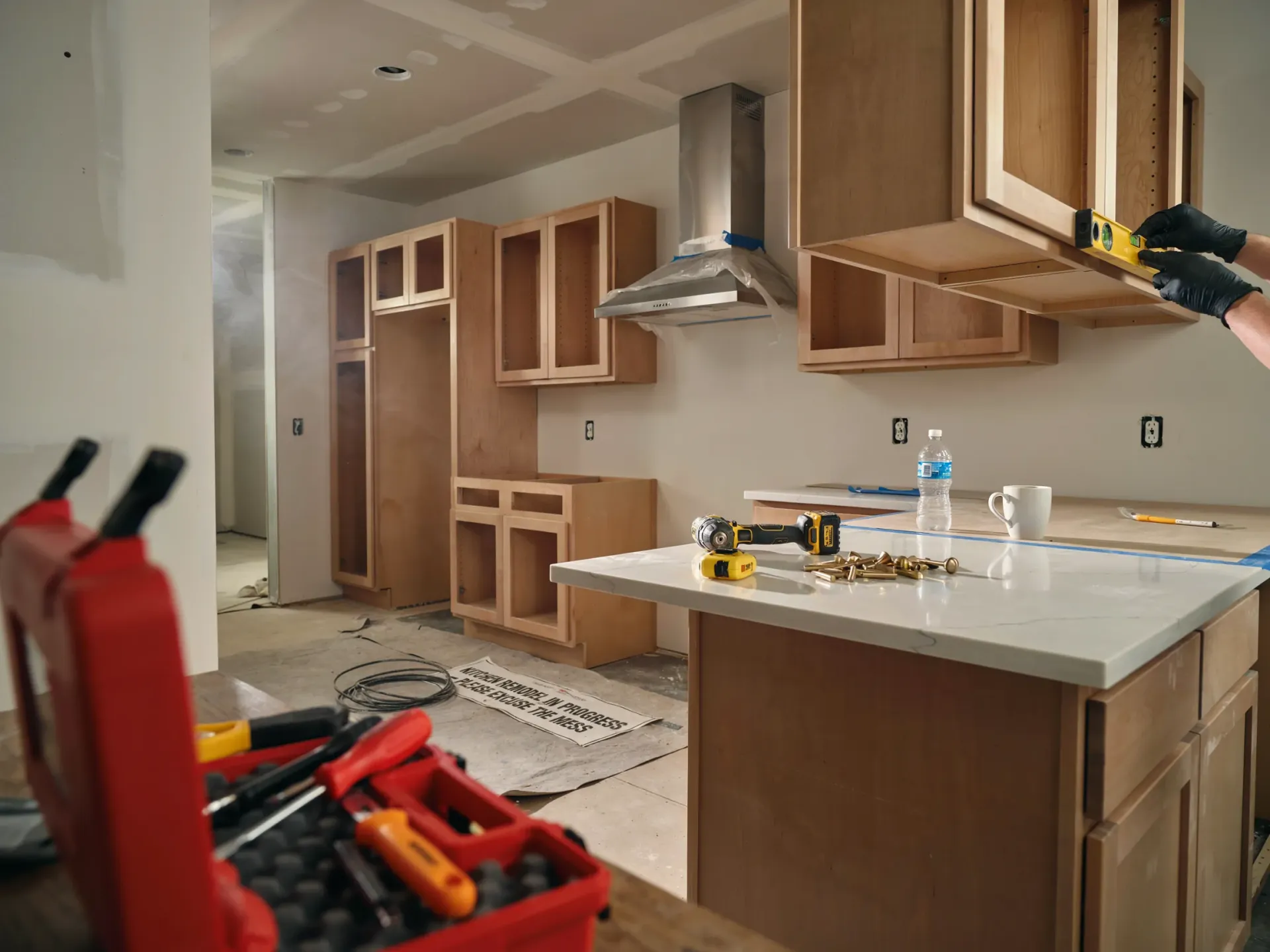 Partially finished kitchen with wood cabinets, white countertops, and tools on a workbench in the foreground