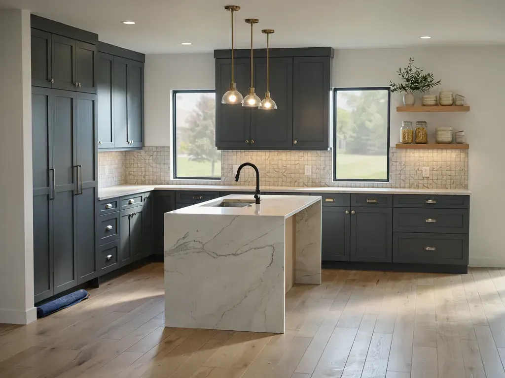 Modern kitchen with dark cabinets, white marble island, pendant lights, and large windows