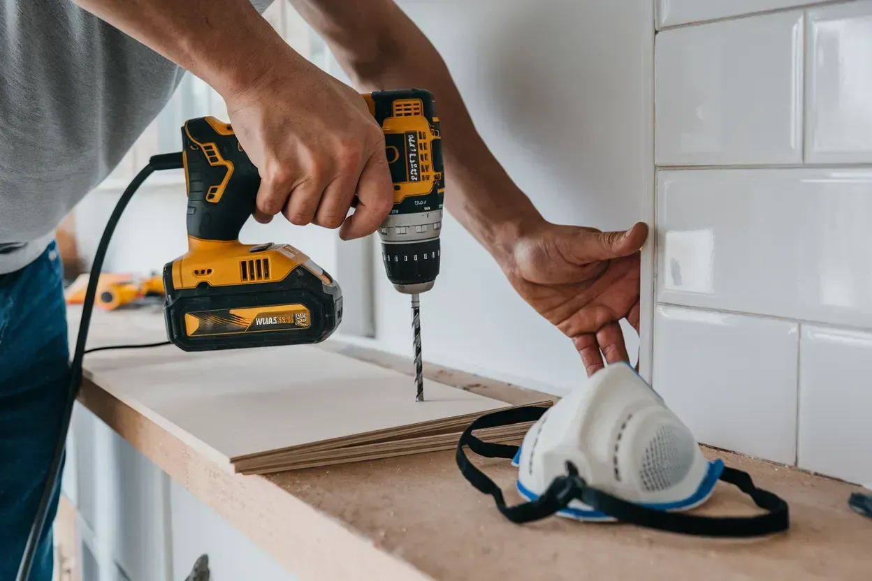 Hands drilling a white countertop beside tile, with tools and a dust mask on the work surface