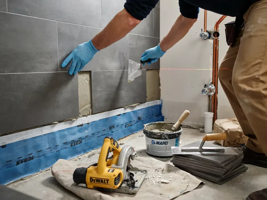 Worker installing gray wall tiles in a bathroom, with tools and mortar on the floor.