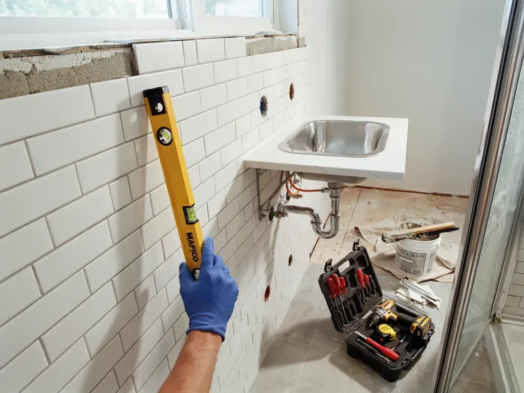 Hand in blue glove holding a level beside a tiled wall during sink installation, with tools on the floor.