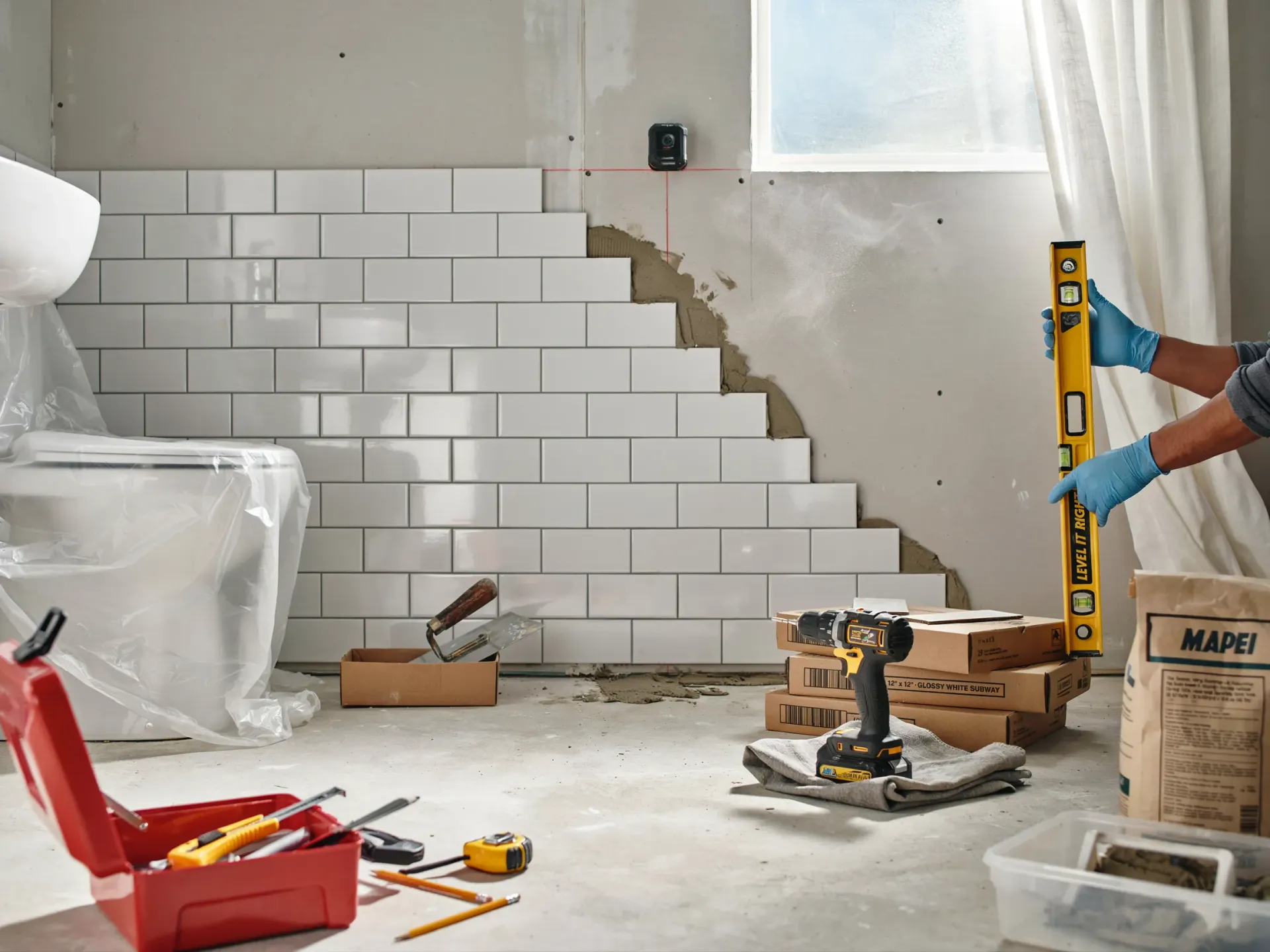 Tiling work in progress on a stair wall, with tools and materials scattered across a renovation site.