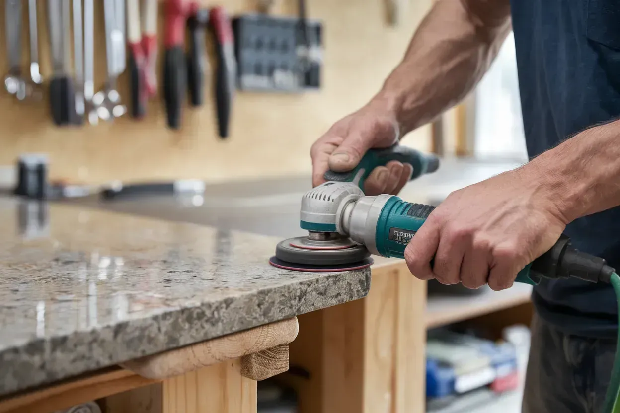 Person sanding a wooden countertop with an orbital sander in a workshop