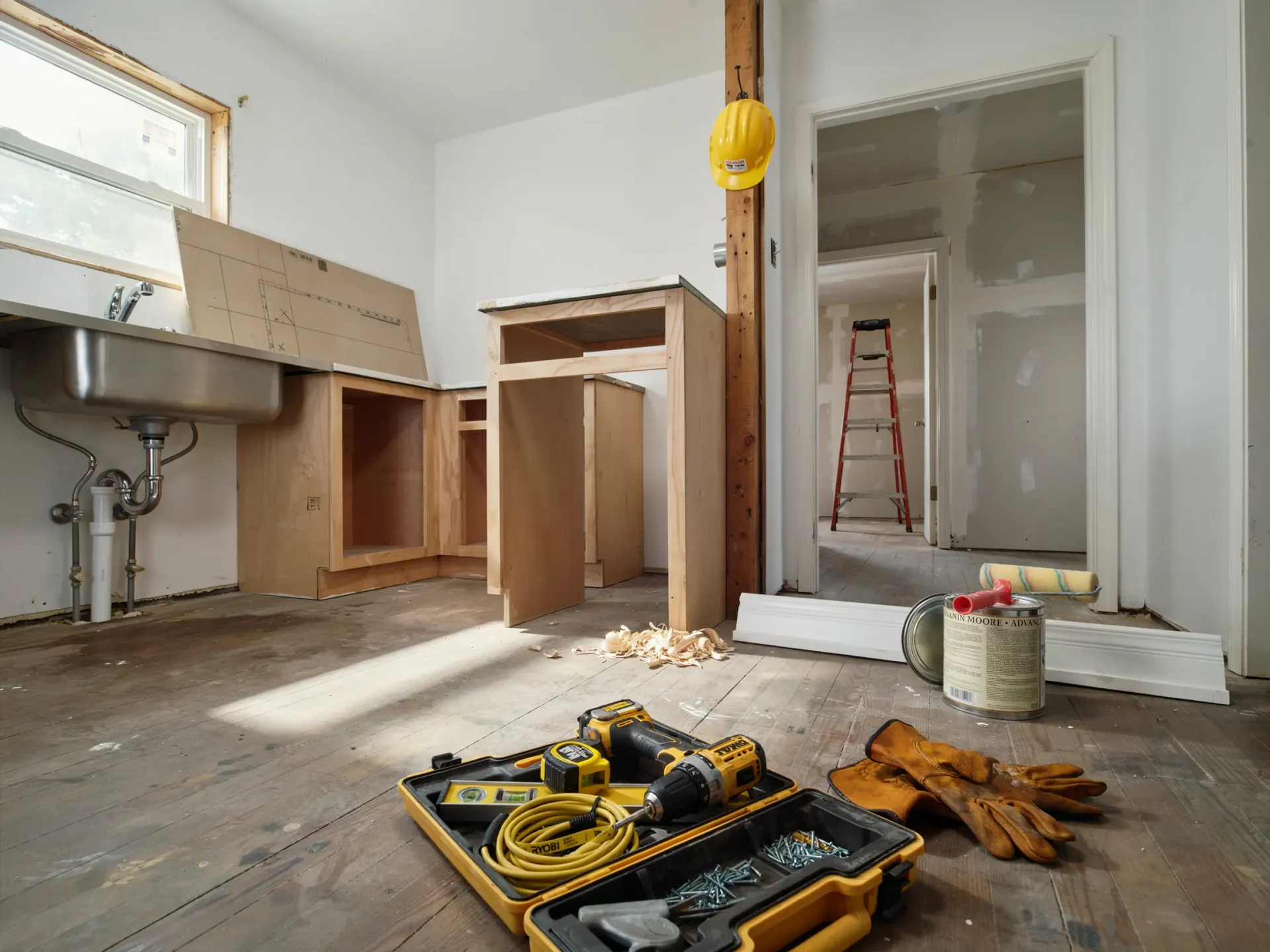 Renovation in progress in a kitchen, with exposed cabinets, tools, ladder, and dust on the floor.