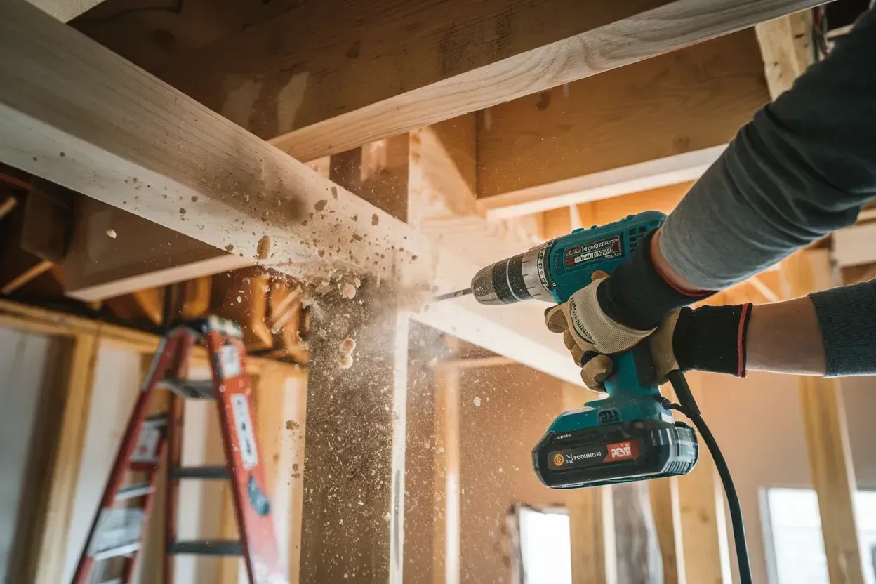 Worker drilling into a wooden beam indoors, with sawdust flying in a construction site