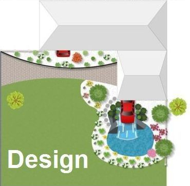 An aerial view of a garden with the word design on the bottom