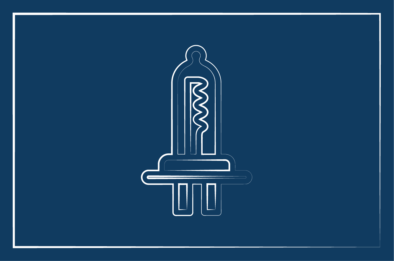 Picture of a car headlight white outlines on a blue background with a thin white line as a border around the image