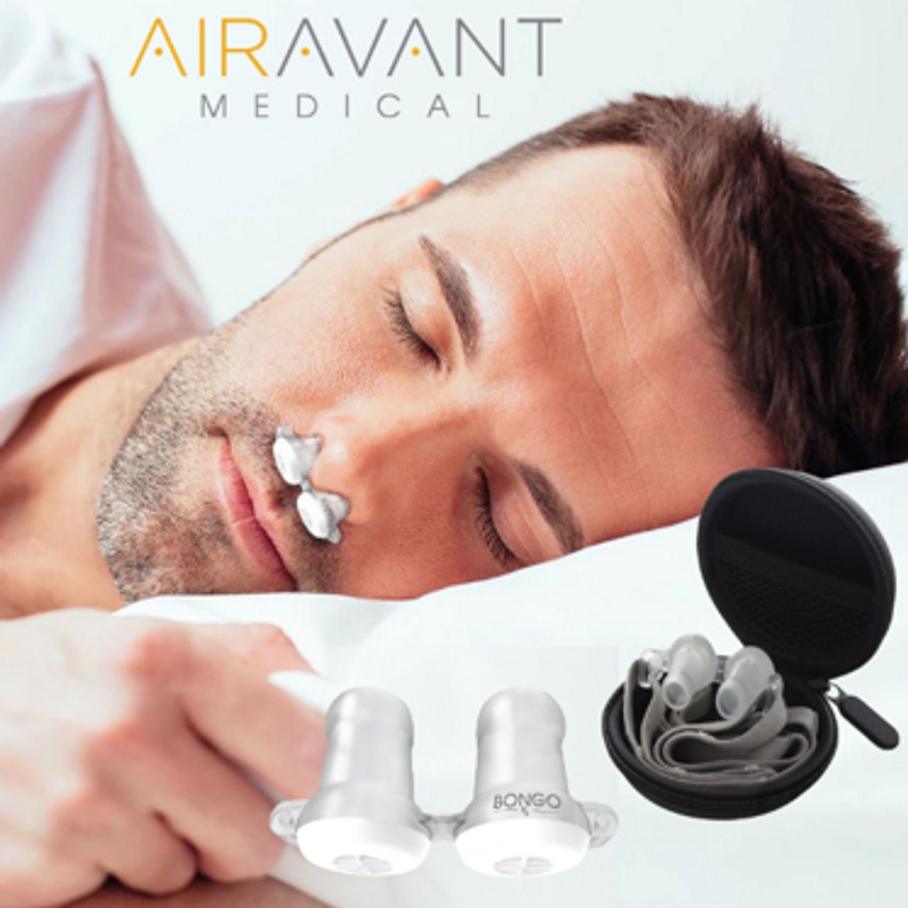Man sleeping with nasal dilators, product display of the device and carrying case. — Mid North Coast Sleep Clinic in Taree, NSW