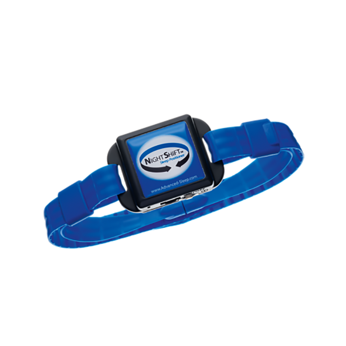 Blue wristband with a black square component displaying a blue logo: 