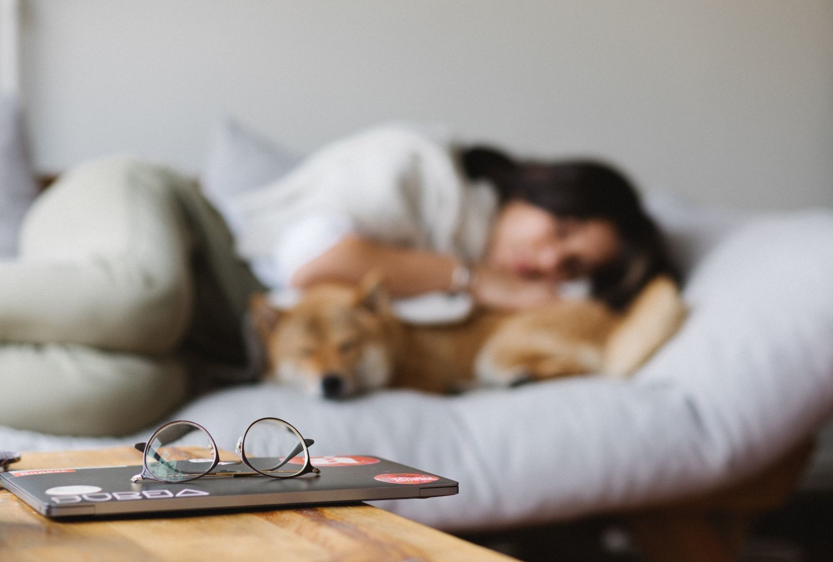 A Woman is Sleeping on a Couch With a Dog — Mid North Coast Sleep Clinic in Port Macquarie, NSW