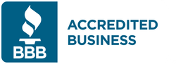 BBB Accredited Business logo: white flame over the letters BBB on a blue background, with 
