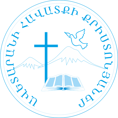 Blue Christian Armenian logo: cross, dove, mountains, and open book; text in Armenian.