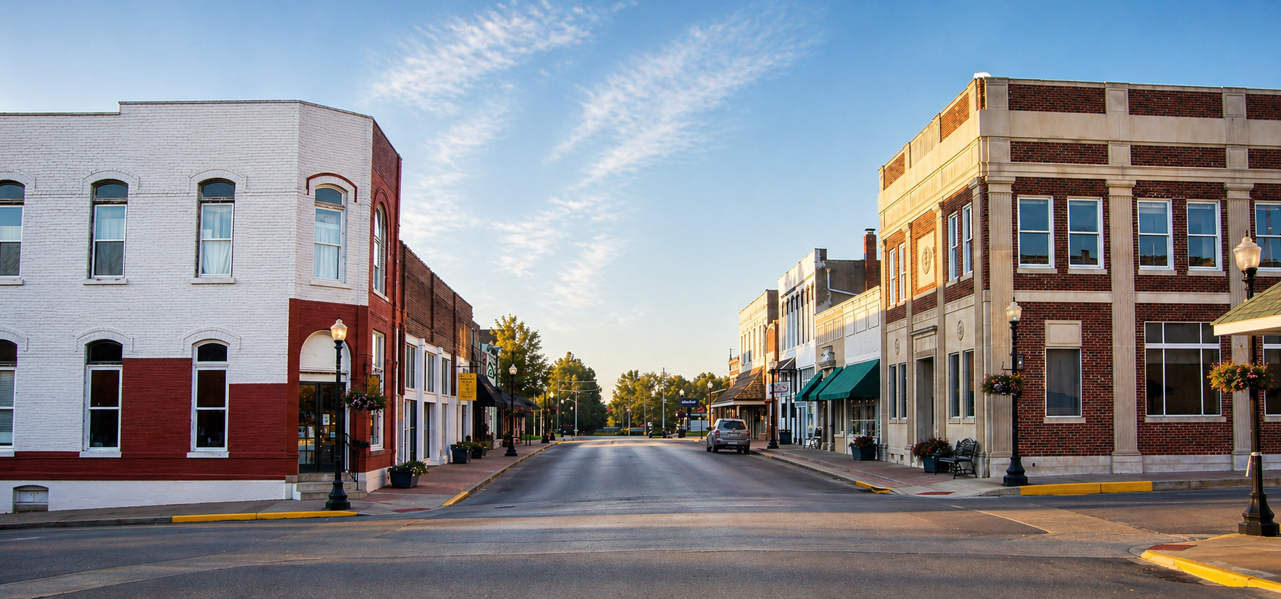 Plattsburg, MO a quiet downtown street lined with brick storefronts at sunset, viewed from the center of the road