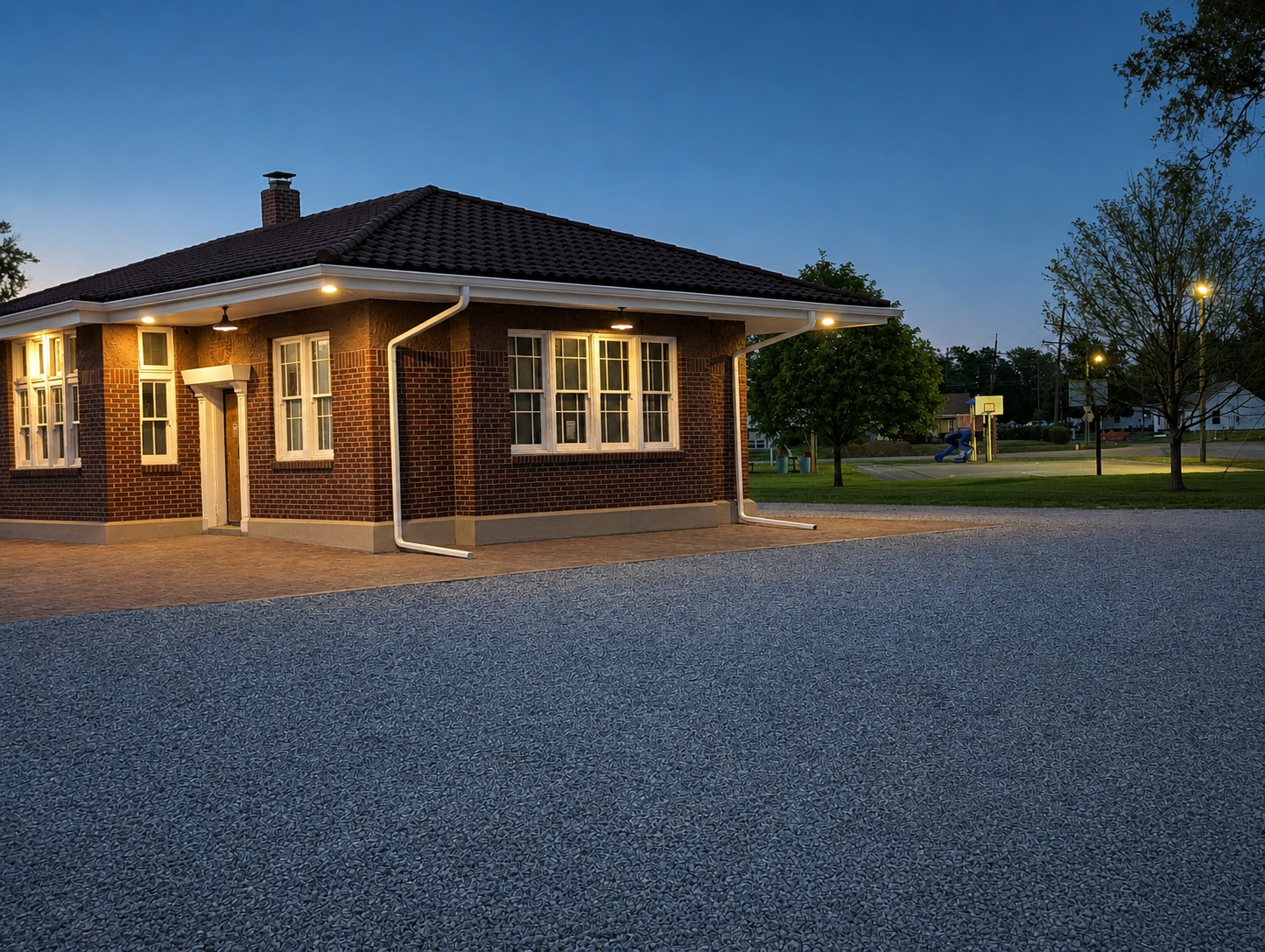 Plattsbrurg, MO train depot with lit windows at dusk, beside a gravel lot and trees