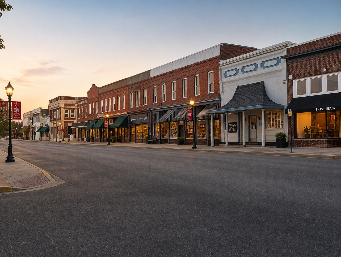 Plattsburg, MO asmall-town main street with brick storefronts at dusk and a quiet empty road