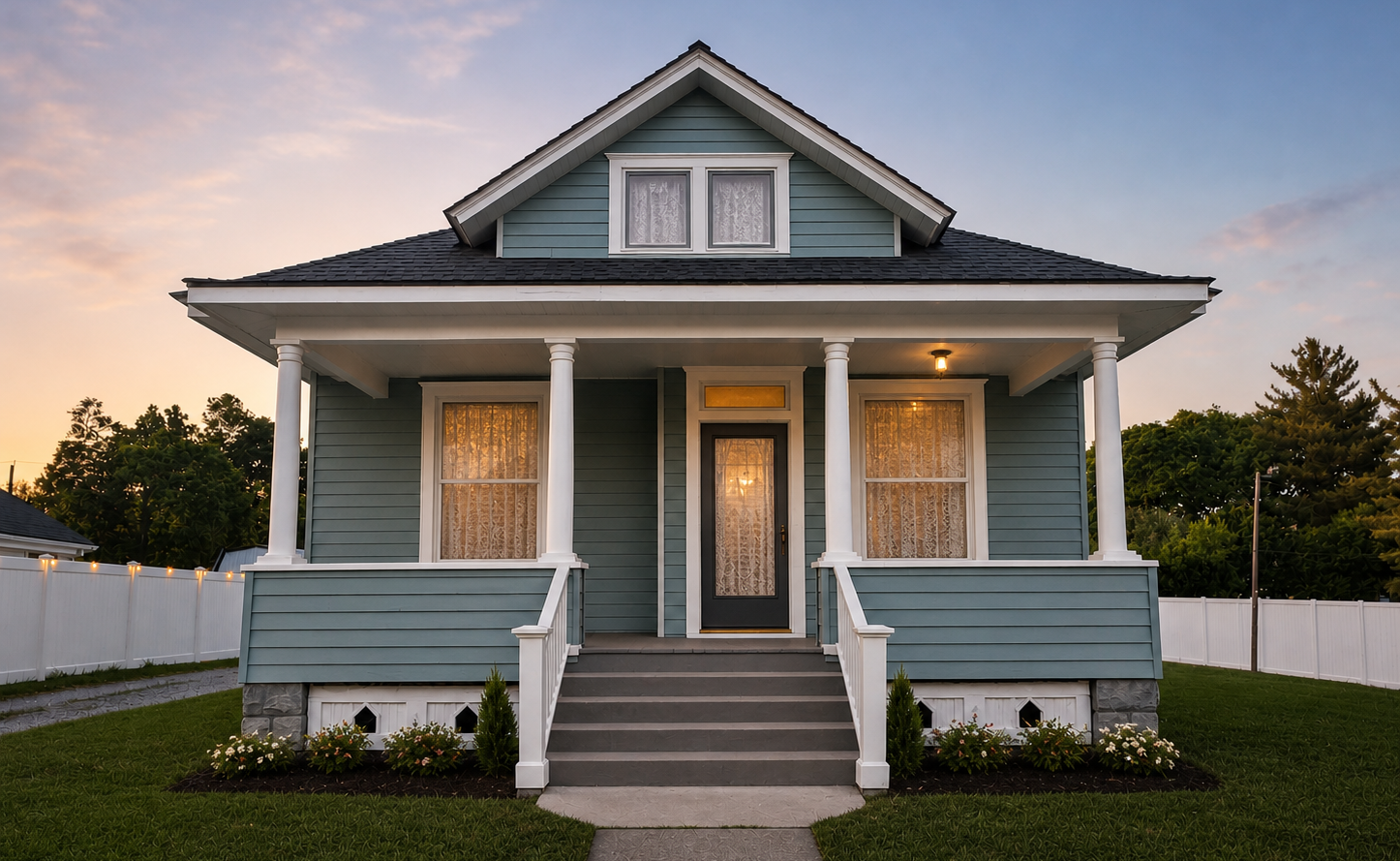 Blue-gray bungalow with white trim, front porch, and centered steps at dusk